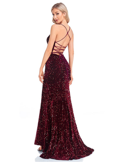 vmtvr - Deep V Neck Burgundy Sequin Evening Dress Sexy Suspenders Party Maxi Dress Mermaid Long Prom Dresses For Women