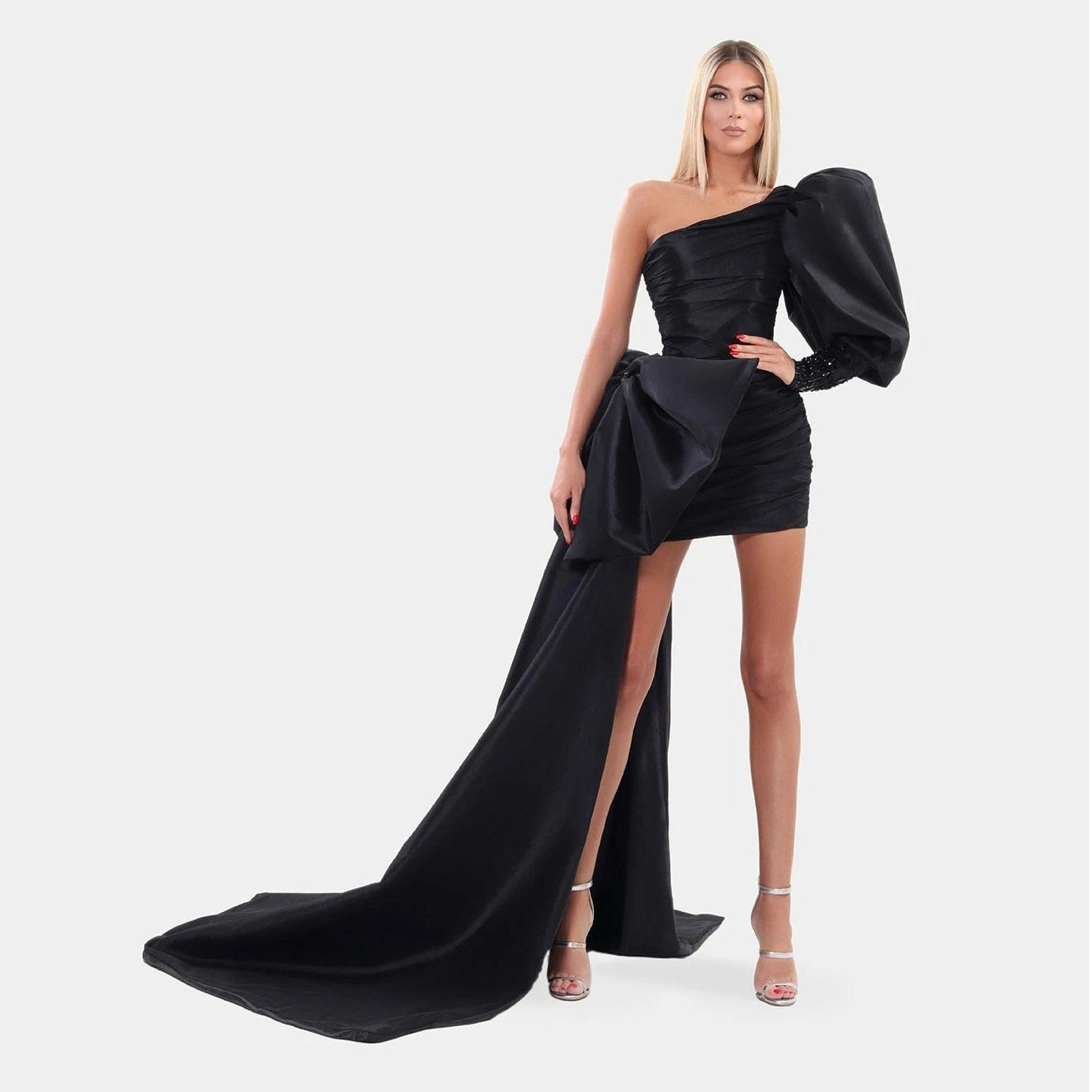 vmtvr - High End Black Mini Sheath Evening Dresses With Ribbon One Shoulder Puff Sleeves Sexy Short Prom Gowns Beaded Formal Dress