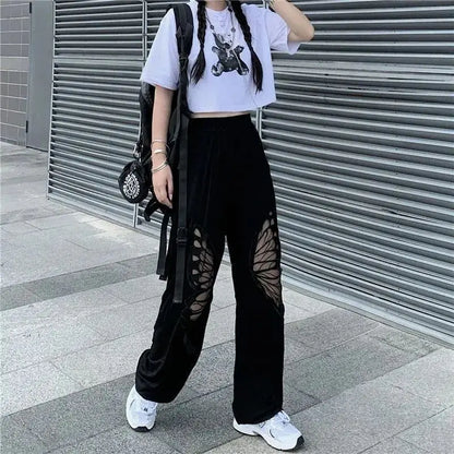 vmtvr Butterfly Hollow Embroidery Out Pattern Black Pants Hip Hop Vintage Women Streetwear Summer Loose Sport Fashion Casual Trousers