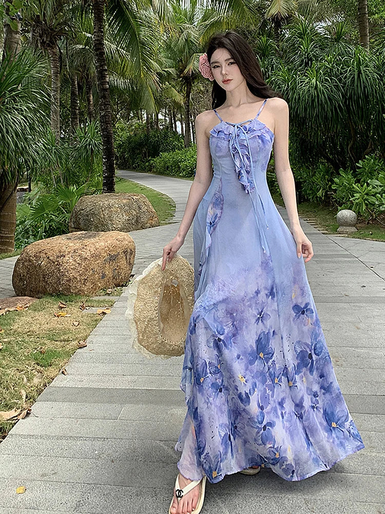 vmtvr Summer For Women Dresses Fashion Floral Print Ruffles Sundresses Bohemian Casual Long Vacation Holiday Bodycon Dress Seaside