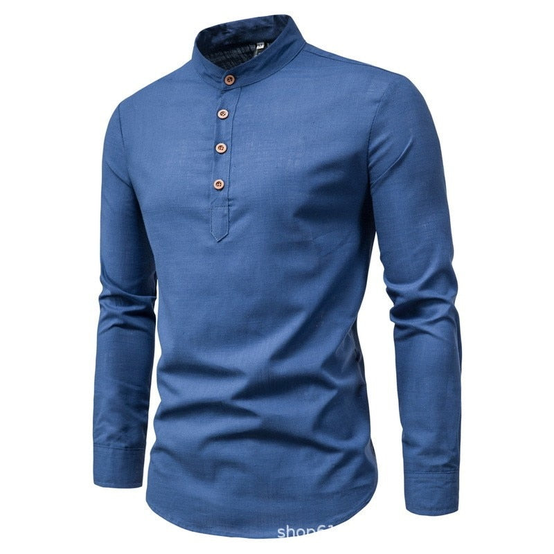 jiaabc Men's solid color casual slim fitting standing collar long sleeved business shirt shirt