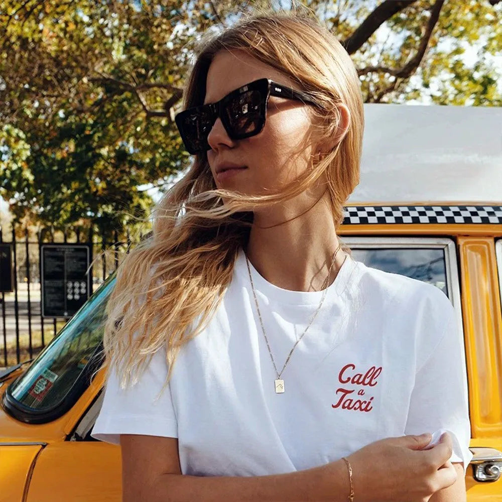 -Retro sports style outfit streetwear 90s fashion Call a Taxi Pocket Letters Printing Summer Casual T Shirts Female White Short Sleeve Loose Tops Vintage Style Cotton Tees