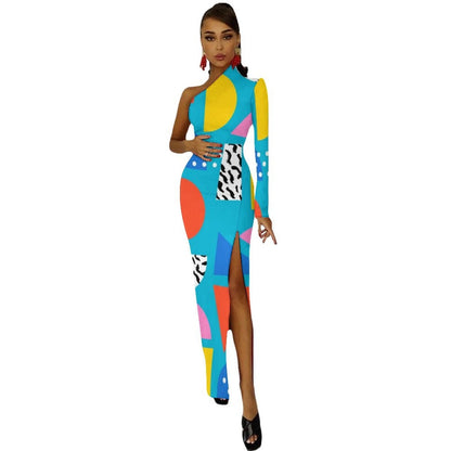 Memphis Retro Maxi Dress Long Sleeve Geometric Colorful Cute Bodycon Dress High Slit Streetwear Long Dresses Print Vestido