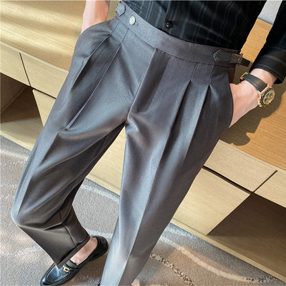 jiaabc British Style Men High Waist Casual Business Dress Pants Streetwear New Fashion Social Belt Decoration Slim Fit Suit Pants