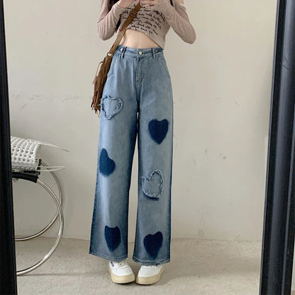 vmtvr High Waist Women Jeans Korean Fashion Love Print Loose Wide Leg Pants Summer Streetwear Female Straight Denim Trousers