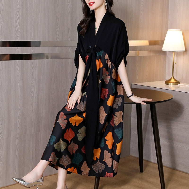 vmtvr - 2023 Summer Silk Printed Mulberry Silk Midi Dress Fall Retro Casual 5XL Plus Size Long Sleeve Dress Elegant Women Vestidos