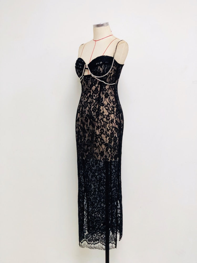 Sexy V Neck Diamonds Straps Lace Bodycon Long Dress Women Elegant Black Sleveless Cutout Designer Dress Party Club Evening Dress