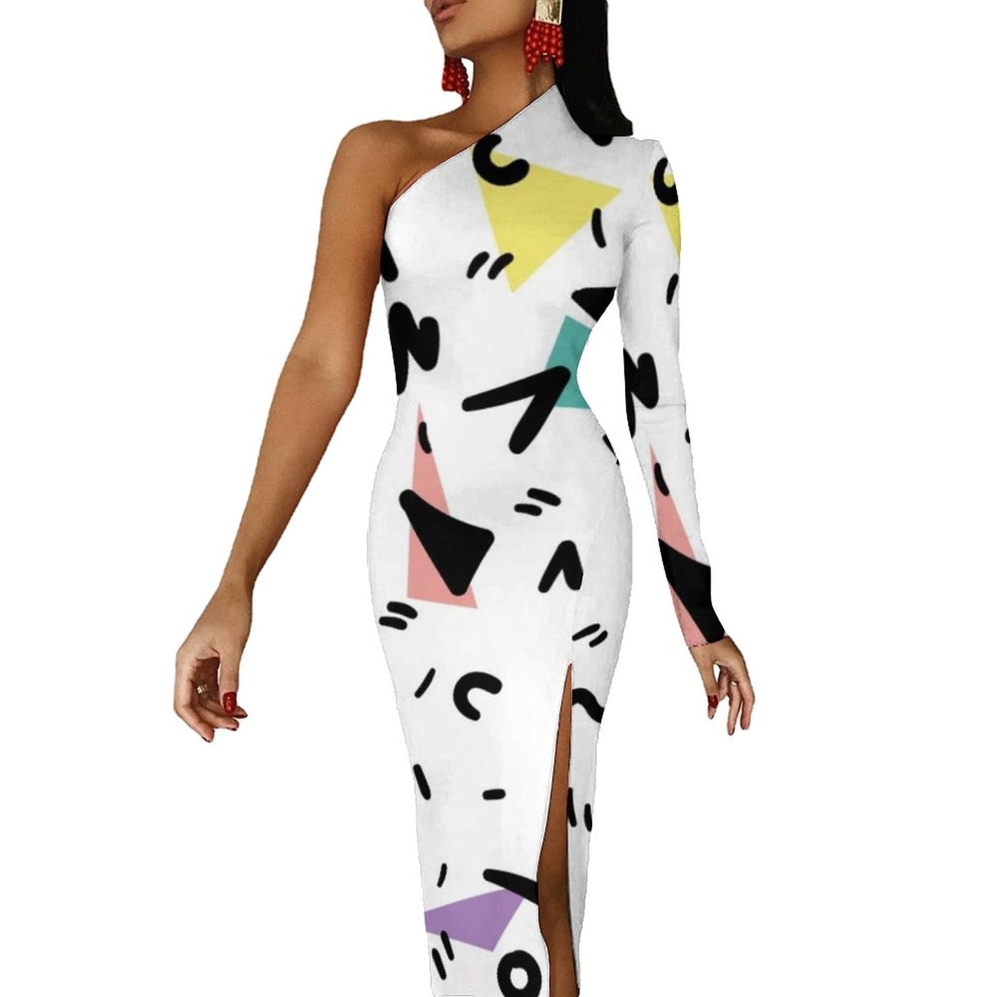 Memphis Retro Maxi Dress Long Sleeve Geometric Colorful Cute Bodycon Dress High Slit Streetwear Long Dresses Print Vestido