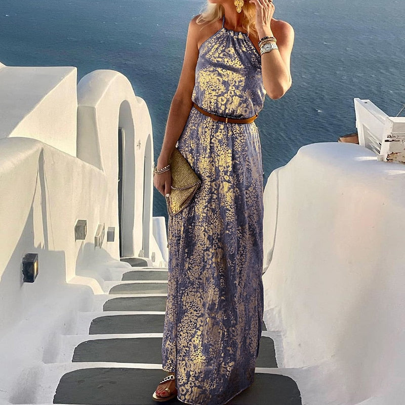 Spring Summer Neck-Mounted Maxi Dress Chic Lady Sleeveless Patchwork Print Dress Women Backless Halter Party Beach Dress Vestido