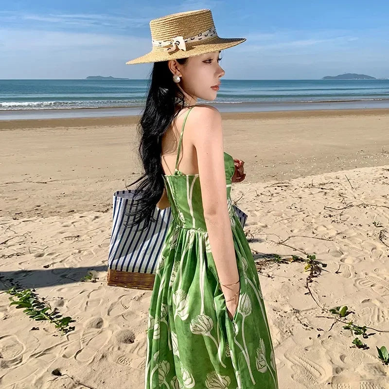 vmtvr 2024 New Summer Green Floral Vacation Dress for Women High Quality Female Korean Evening Clothing Long Sweet Boho Beach Dresses