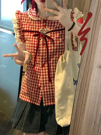 -Red Plaid Lolita Kawaii Blouse Women Flying Sleeve Japanese Sweet Elegant Shirts Female Lace Korean Casual Clothes Summer