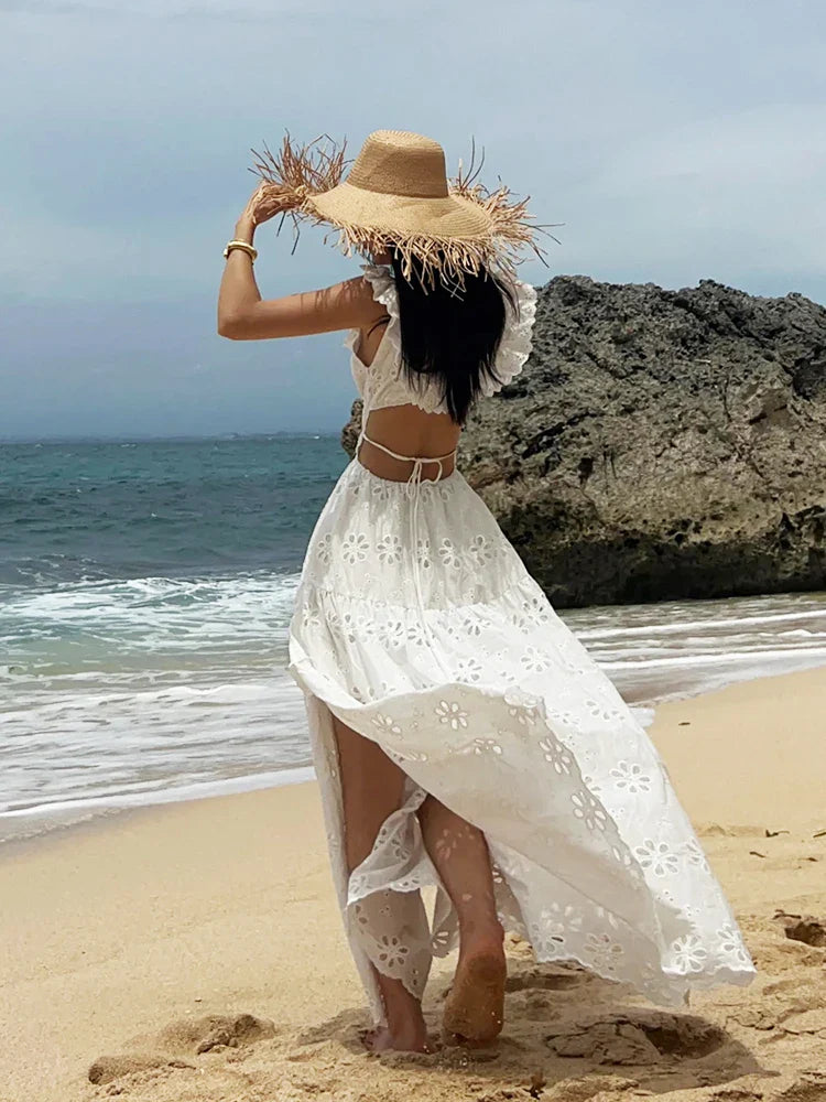 vmtvr  -  Square Collar White Lace Summer Tank Dress Women Sexy Backless Maxi Long Sundress Holiday Beach Cotton Slip Vestidos Party