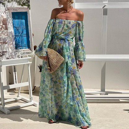 vmtvr  -  Elegant Floral Print Off Shoulder Chiffon Dress Women Casual Flared Sleeve Draped Long Dress Fashion Elastic Waist Bohe Dresses