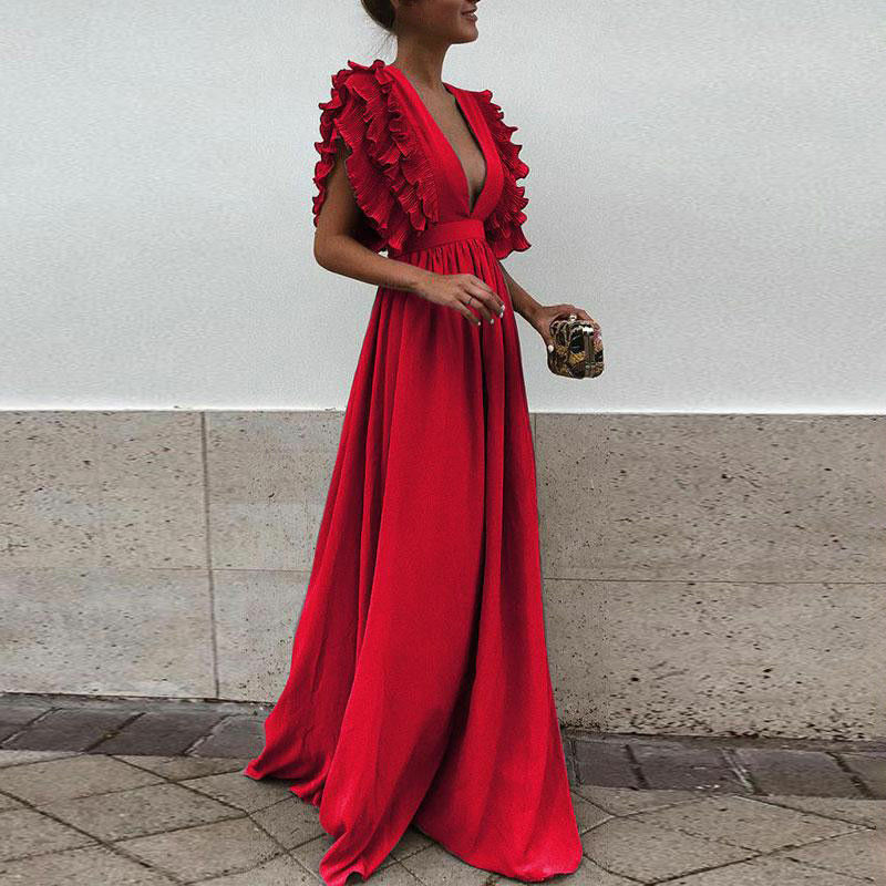 vmtvr Formal Party  Dress Women Deep V-Neck Long Dress Elegant Flying Sleeves Backless Maxi Evening Dresses Robe De Soiree