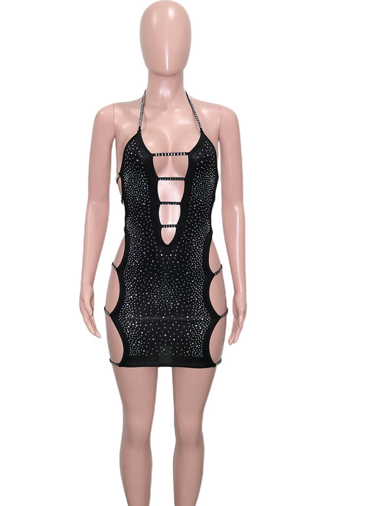 vmtvr - New Chic Black Ladder Cut Out Crystal Mini Dress Summer Womens Spagetti Straps Sequin Night Dresses Birthday Outfits