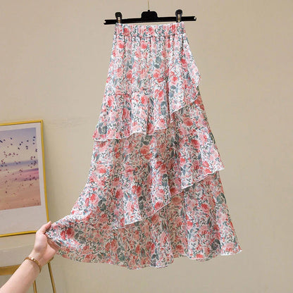 vmtvr Y2K Floral Women Chiffon Skirts Summer Casual All Match Female Ruffled Midi Skirt Korean Fashion High Waist A Line Skirts New