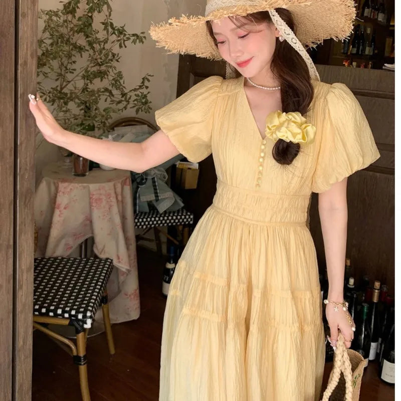 vmtvr Women Dress French Puff Sleeve Vintage V-neck Yellow Vestidos A-line Female Robe Summer Elegant Slim Waist Lady Chic Clothing