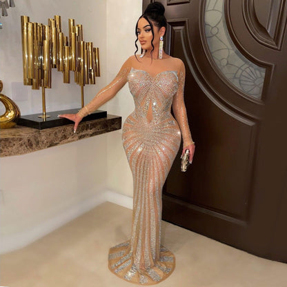 vmtvr Sexy Rhinestones Floor-length Evening Dresses Luxury Elegant Women's O-neck Long Sleeve See-through Mesh Night Club Long Dress