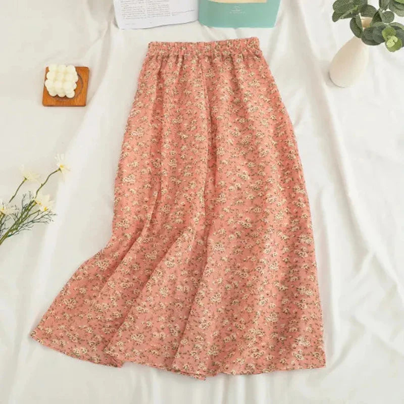 vmtvr Women Chiffon Midi Skirt Korean Fashion Floral Loose Skirts High Waist Female Casual All Match A Line Skirts Summer New