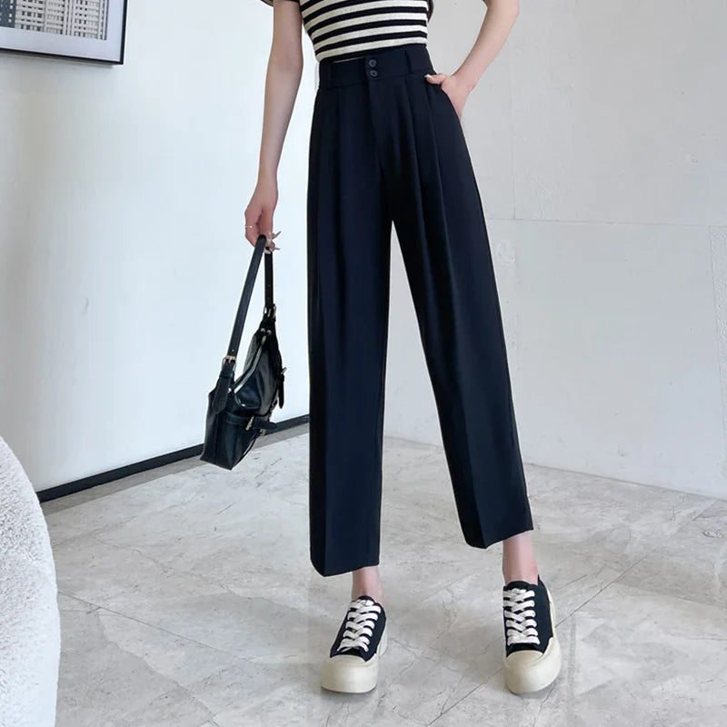 vmtvr Women Fashion Suit Pants Korean Casual Elegant Loose Ankle Length Pants Summer All Match Office Ladies Wide Leg Pants