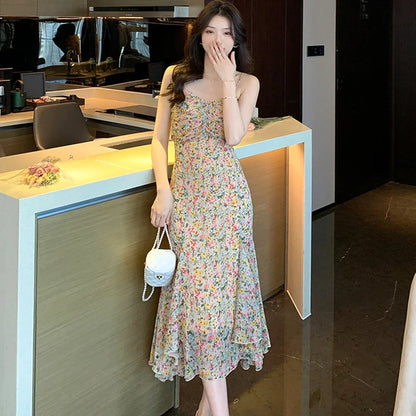 vmtvr 2024 Elegant Chic Fancy Women's Dress Korean Fashion Casual Sling Beach Long Dress Summer Bodycon Ruffled Mermaid Evening Dress