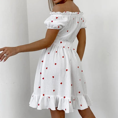 vmtvr  -  Original Crepe Cotton Hemp Love Printed Dress Spring and Summer Women's Slash Neck Bubble Sleeves Leisure Vacation Beach Dress