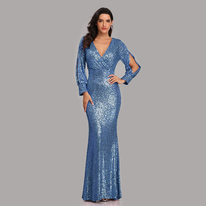 Sexy V-neck Mermaid Evening Dress Long Formal Prom Party Gown Full Sequins long Sleeve Galadress Vestidos Women Dresses 2023