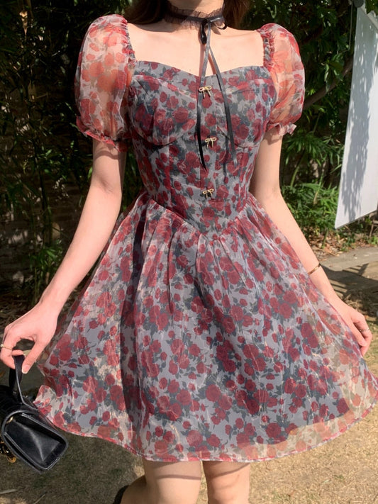 Vintage Flower Sexy Dress Women Summer Elegant Party Mini Dresses Female Designer Chic Holiday Korean Fashion Dress 2023 Casual