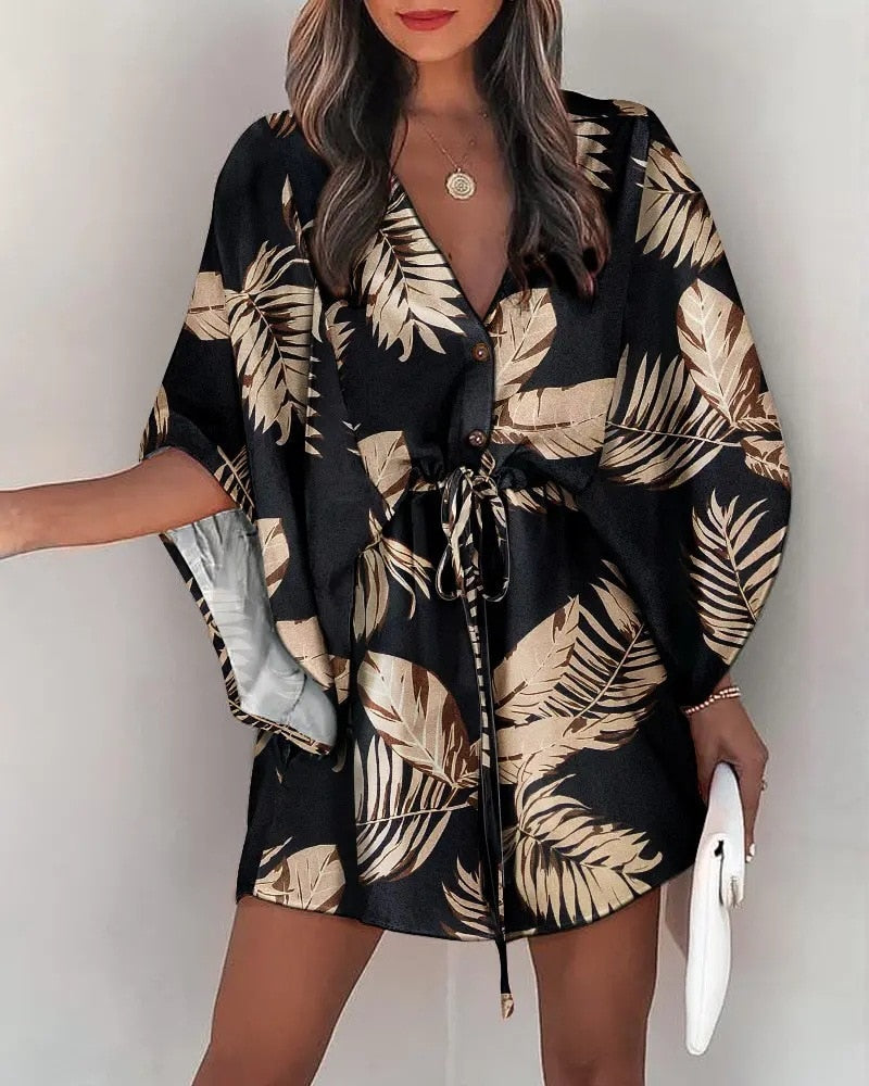 vmtvr 2023 Summer Boho Dresses Women Casual Flora Print Batwing Sleeve Lace-Up Dress Sexy V Neck Loose Ladies Beach Mini Dress Vestido