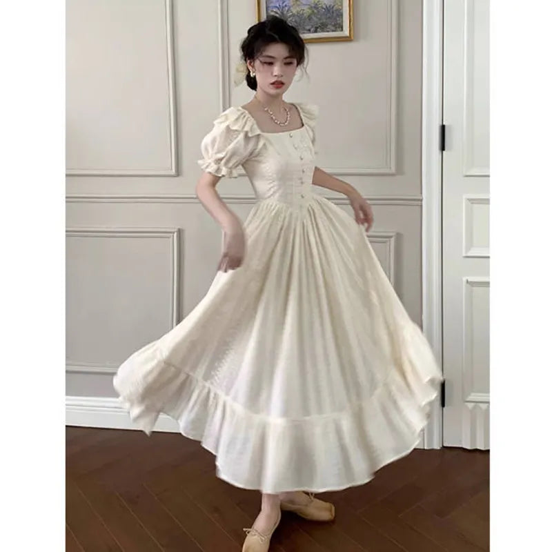 Elegant Square Collar White Dress Summer Fashion Puff Sleeve Ruffle Dress for Women 2024 Chic Vintage Maxi Dresses 2024  New