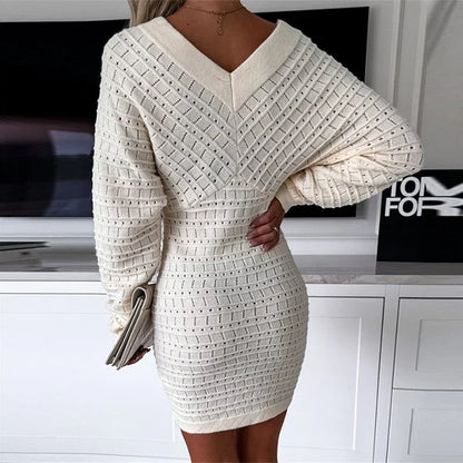 vmtvr Women Solid Hollow Knitted Pullover Dress Autumn Sexy Double V-neck Backless Office Dress Winter Batwing Sleeve Slim Party Dress