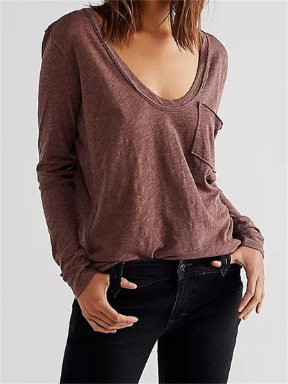 -Fall Outfits Long Sleeve Top  Women Loose Causal T-Shirts Tops Deep V Neck Long Sleeve Summer Autumn Solid Color Basic Tees with Pocket Streetwear