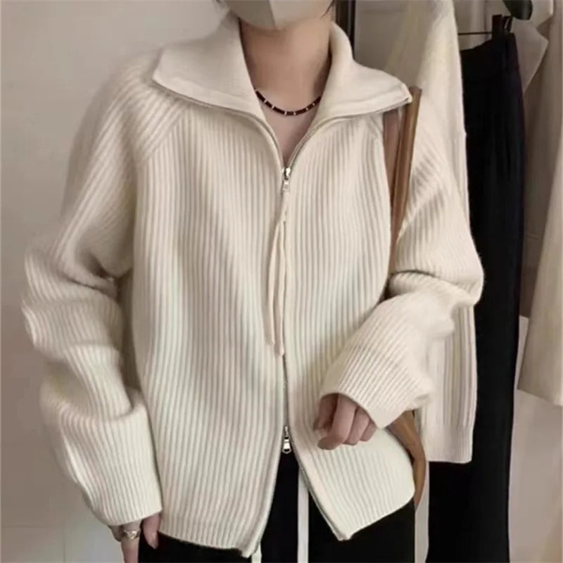 vmtvr Autumn Winter Double Zipper Sweater Women Korean Fashion Long Sleeve Knitted Cardigans Female Stand-up Collar Knitting Coat