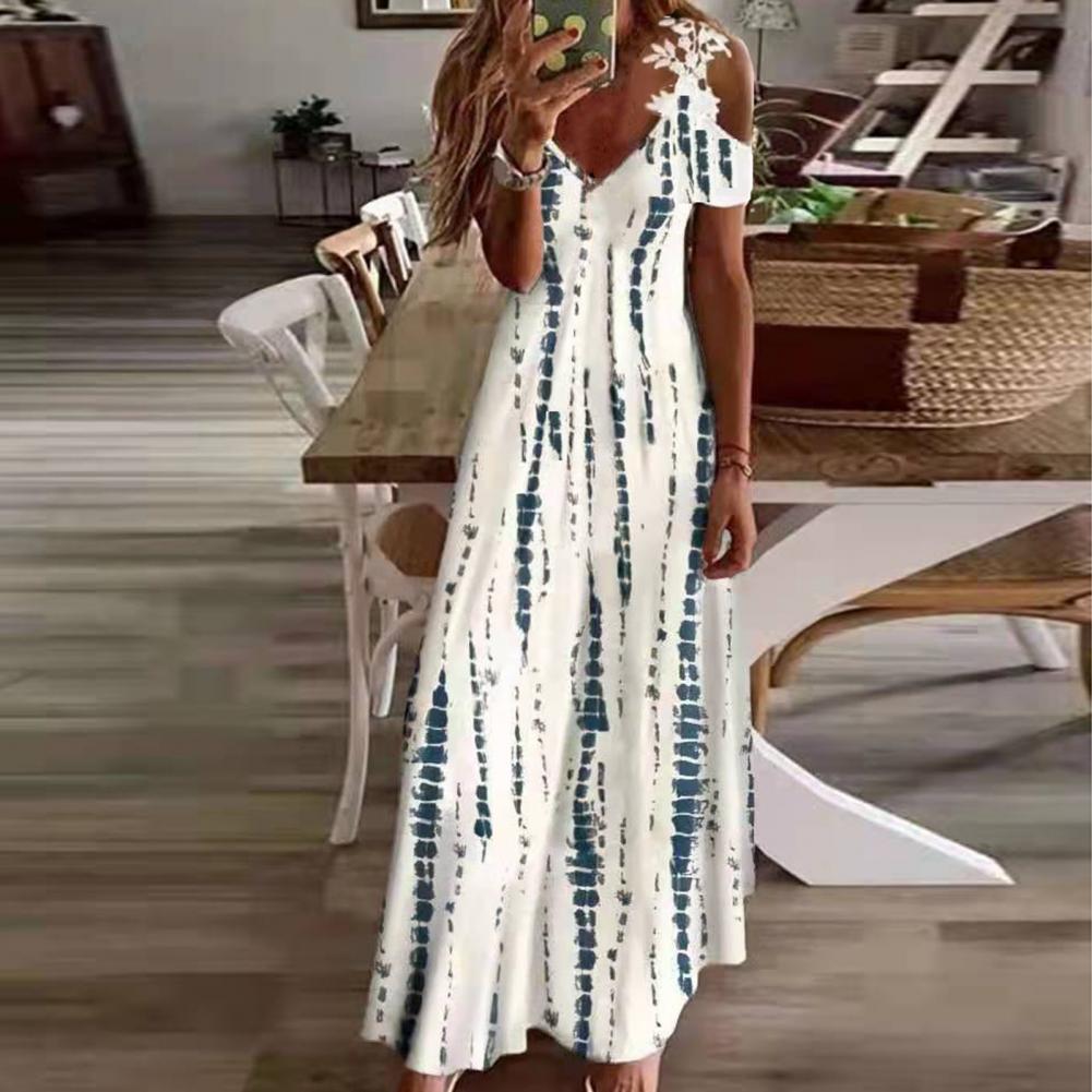 vmtvr Women Floral Print Maxi Dress Boho Lace Sling Hollow Out A Line Long Dress Ladies Casual Loose V-Neck Beach Party dress Vestidos