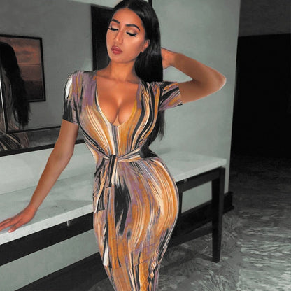 vmtvr Sexy Bandage Dress Waist Illusion Dress  Women V-neck Maxi Dresses Ladies Tie-dye Wave Print Party Dresses Tight Dresses