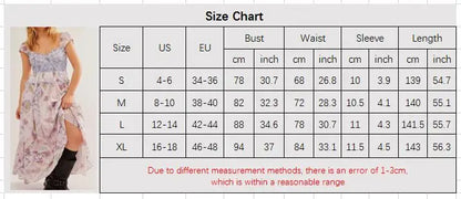 Summer Women Floral Printed Long Dress Square Neck Tiered Bottom Piecing Big Swing A-line Dress Holiday Beach Sundress