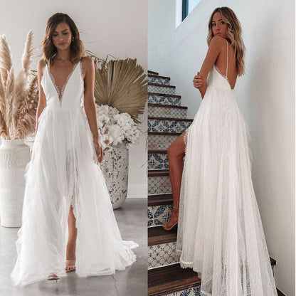 vmtvr Woman Wedding Maxi Slip Dress Summer Sexy Bridesmaid Banquet White Split V Neck Backless Lace Female Long Elegant Evening Dress