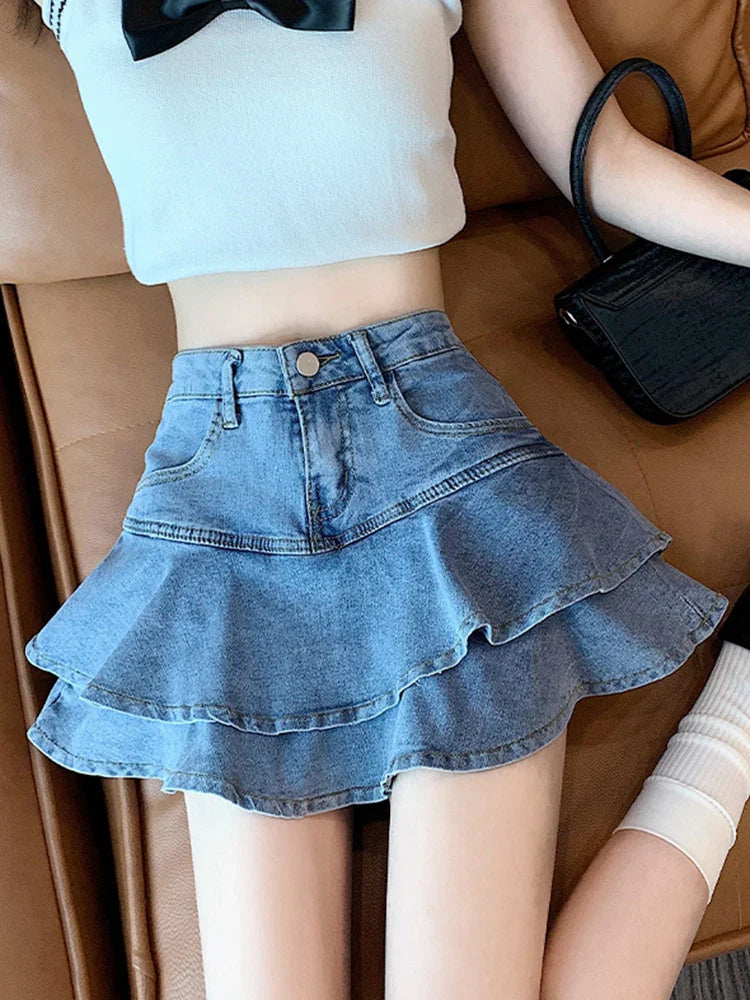 vmtvr Sexy Ruffles Women Denim Ball Gown Skirt High Waist Preppy Style Korean A Line Mini Skirts Summer Fashion Design Skirt New