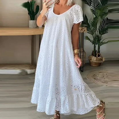 vmtvr  -  Fashion O-neck Ruffled Long Dress Elegant Lace Crochet Hollow Loose Party Dress Women Casual Short Sleeve Solid Maxi Dress