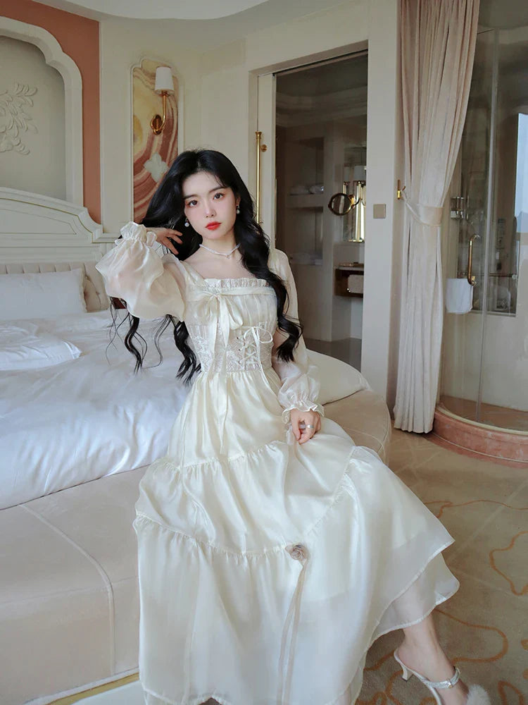 Yellow Sweet Korean Style Fairy Dress French Vintage Elegant Fairy Dress Women 2024 Summer Long Sleeve Evening Party Midi Dress