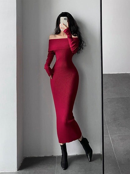 Slash Neck Tight Long Skinny Hip Long Sleeve Maxi Long Sweater Dress Red Korean Fashion Tops