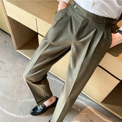 jiaabc British Style Men High Waist Casual Business Dress Pants Streetwear New Fashion Social Belt Decoration Slim Fit Suit Pants