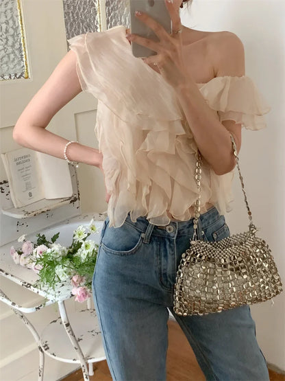 vmtvr S-M Apricot Blouses Ruffles Daily Summer Gentle Skew Collar Tank Tops Slim New Elegant Office Lady Chic Solid