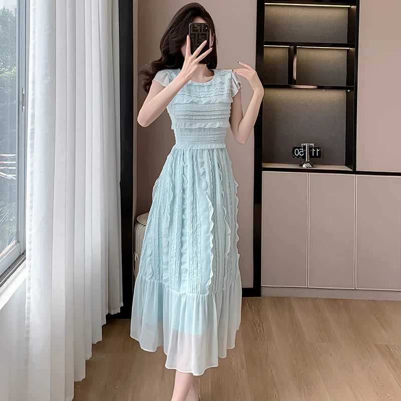 2024 New Summer Blue Chiffon Holiday Dress Fashion Sweet Women O Neck Short Sleeve Ruffles Fold Slim Waist Party Midi Clothes