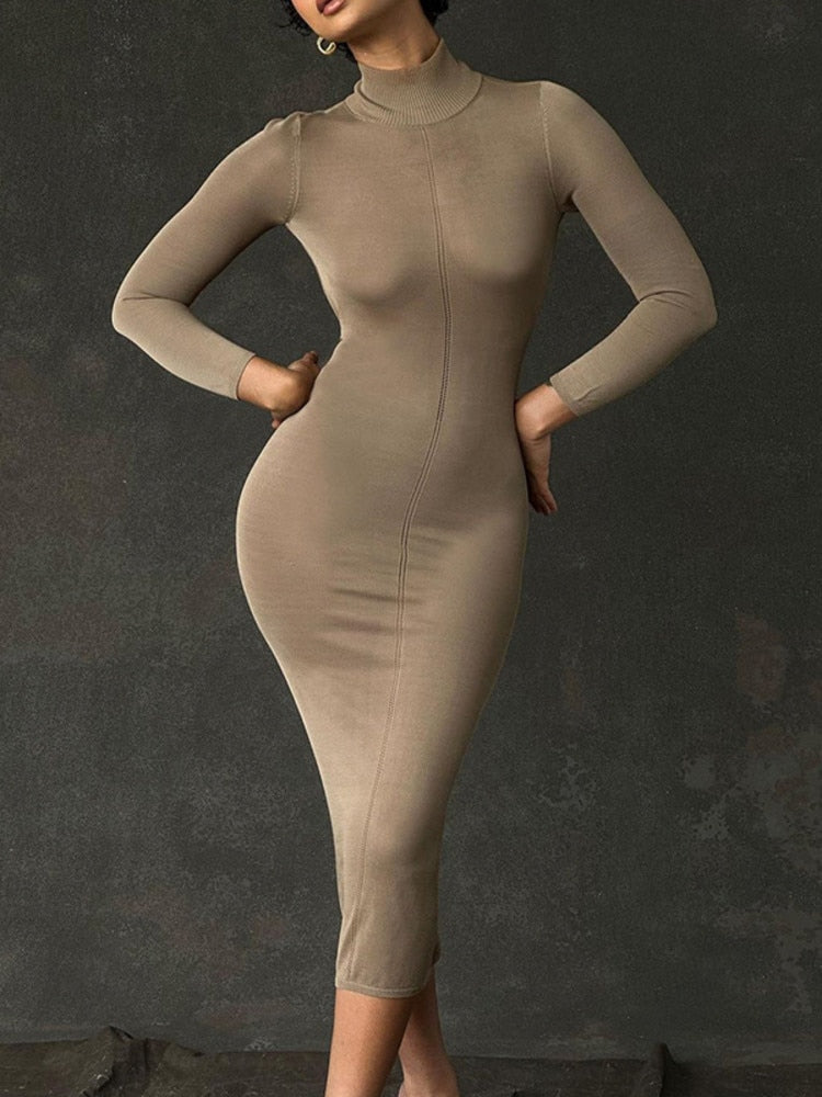 Turtleneck Backless Bodycon Midi Dress For Women New Autumn Winter Long Sleeve Club Party Sexy Long Dress Vestidos