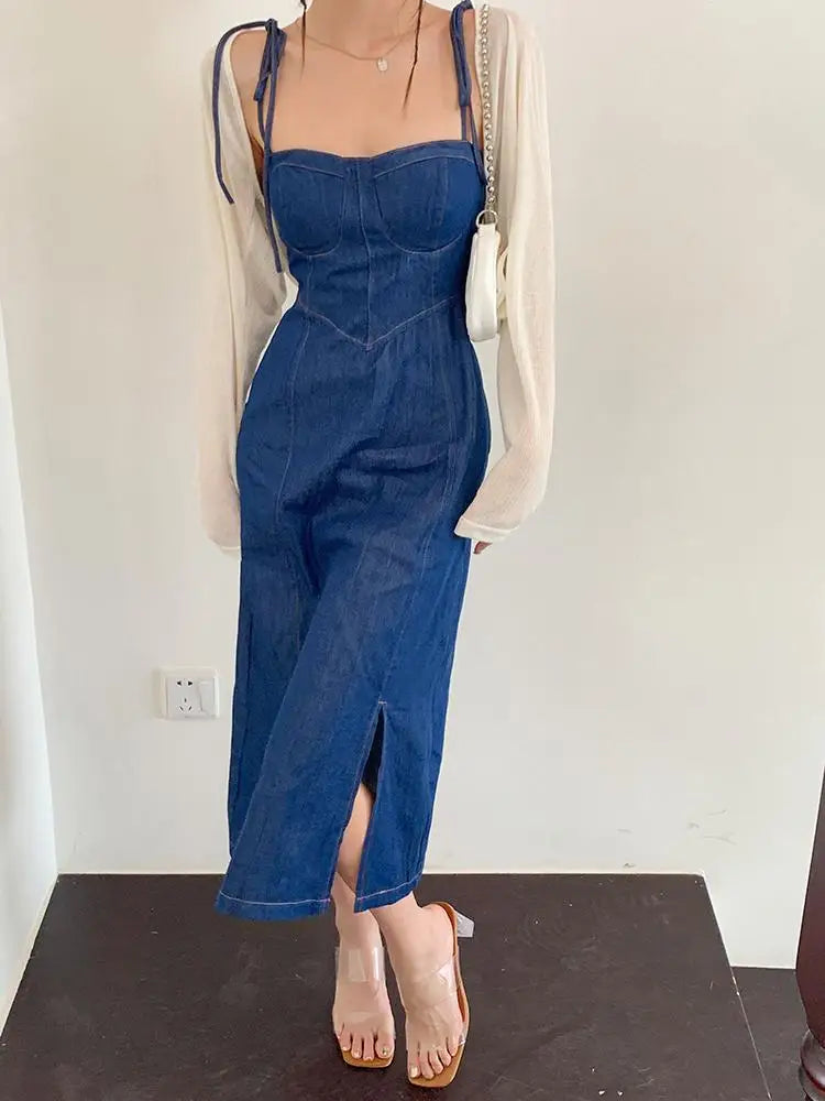 vmtvr Vintage Women Blue Elegant Denim Bandage Slip Dress High Waist Sleeveless A-line Split Jean Midi Dresses Summer Backless Fashion