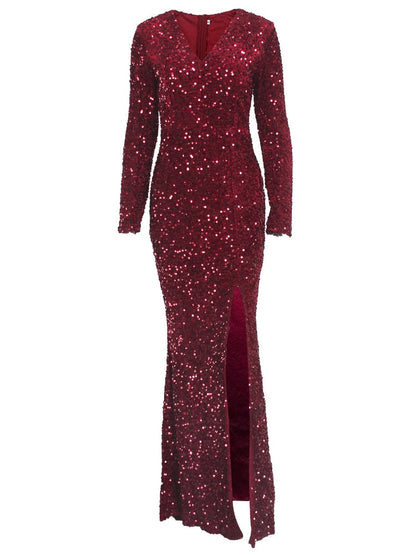 Luxury Black Long Sleeve Evening Gown Sequin Stretchy Velvet V Neck Mermaid Prom Floor Length Dress Burgundy Winter