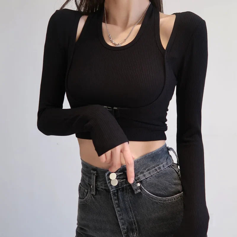 vmtvr Halter Neck Women Long Sleeve Sexy T-shirt Fake Two Piece Spring Summer New Streetwear Fashion Solid Slim Knitted Crop Tops