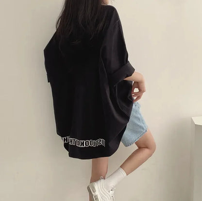 -Fall Outfits Long Sleeve Top - Spring Solid Simple Oversized Tshirt Summer Women Harajuku Long T Shirt Goth T-shirts Split White Black Long Sleeve Tops