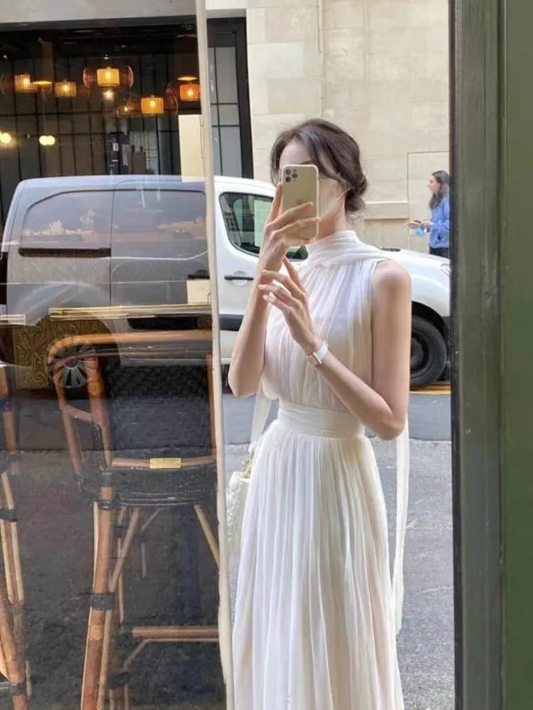 vmtvr Summer Elegant Women's Two-piece Suit Top and SKirt  A-line Solid Sleeveless Backless Femal Clothes 2-Piece White Fashion Korea